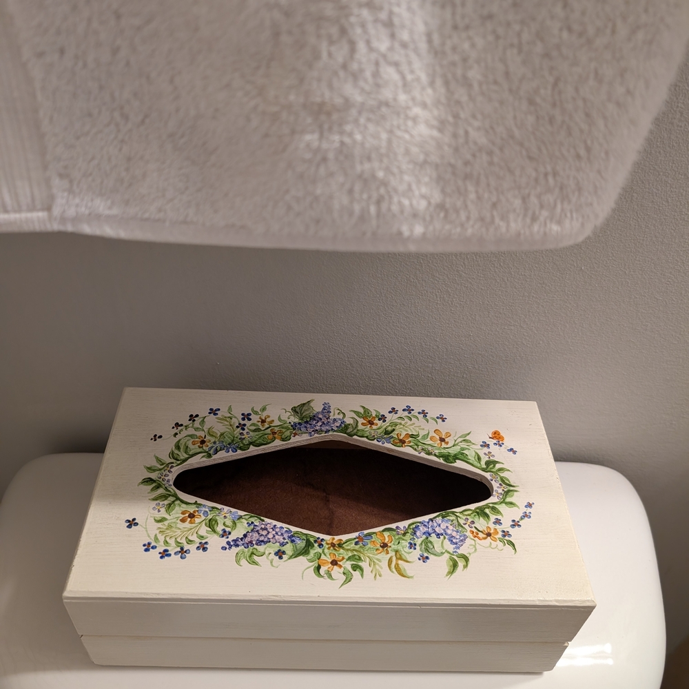 Vintage Wooden Hand-painted Tissue Box with Drawer.